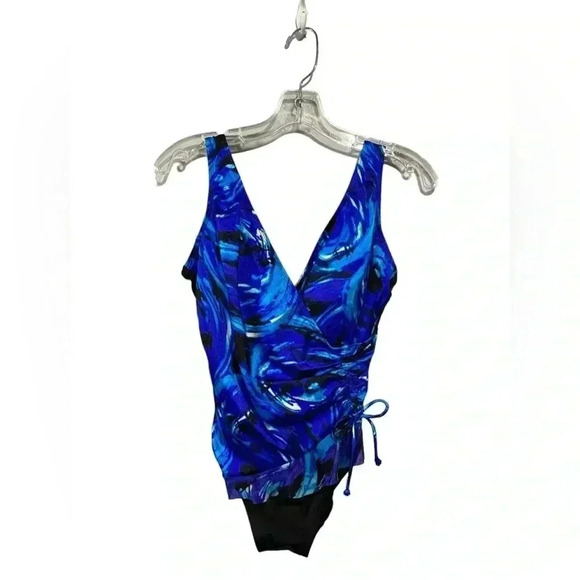 NWOT, Longitude, Ruffle Surplice Long  Torso One Piece Swimsuit, 8, Blue - Picture 2 of 12